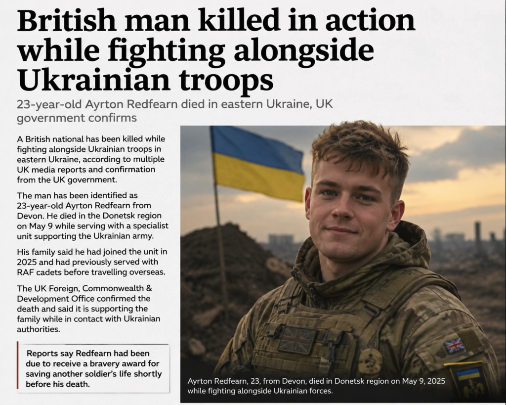 British man killed in action while fighting alongside Ukrainian troops